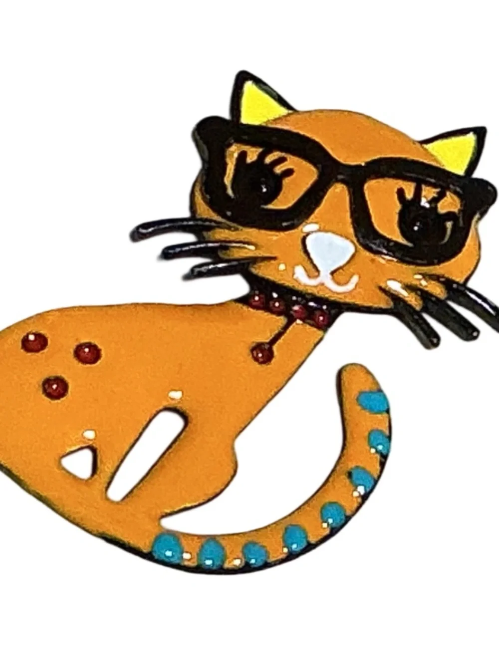 Orange Cat Brooch, Whimsicaal with Glasses, Enamel, Cute, Sitting Curled Up Tail